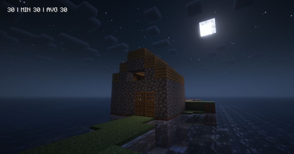 Reverse of previous, a small shed seemingly in the middle of an ocean with a narrow land bridge