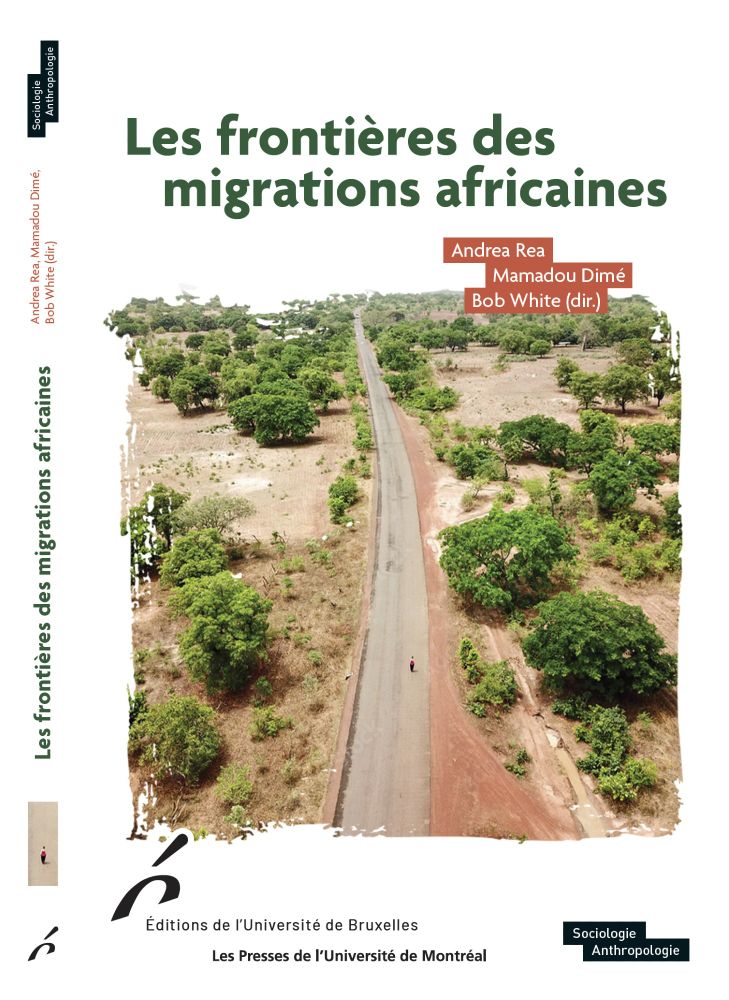 Book cover features a straight road extending toward the horizon through a semi-arid landscape. The title, in French, reads Les frontières des migrations africaines.