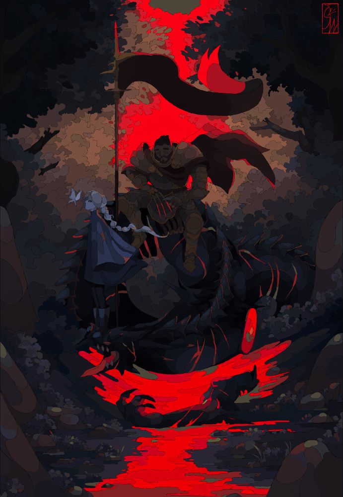 a knight on top of a defeated creature sharpening his weapon while his friend, a pale petite woman looks at a butterfly, unbothered. The blood of the creature is oozing across the forest