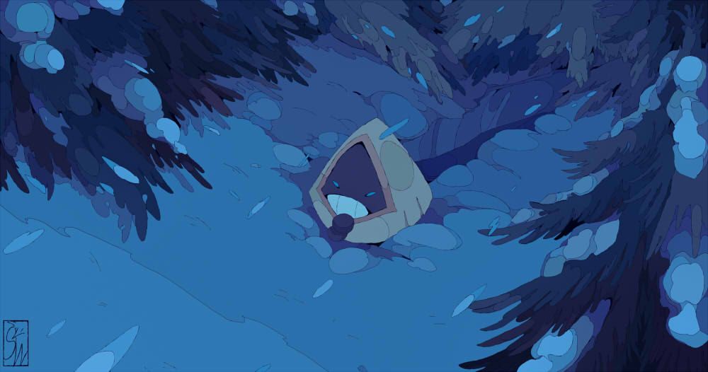 an illustration of a snorunt walking alone in a forest at night during a snow tempest