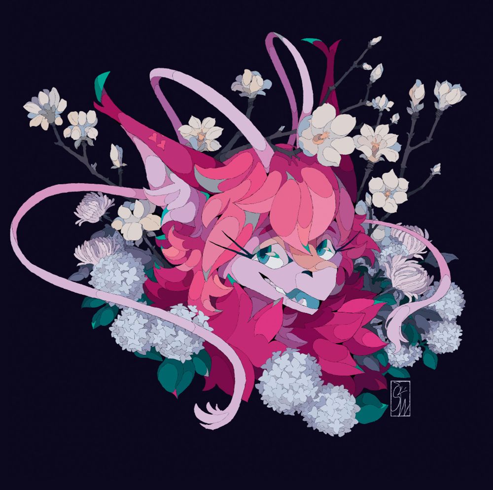a pink anthropomorphic creature smiling and surrounded by flowers blooming including hydrangeas crystanthemums and magnolias