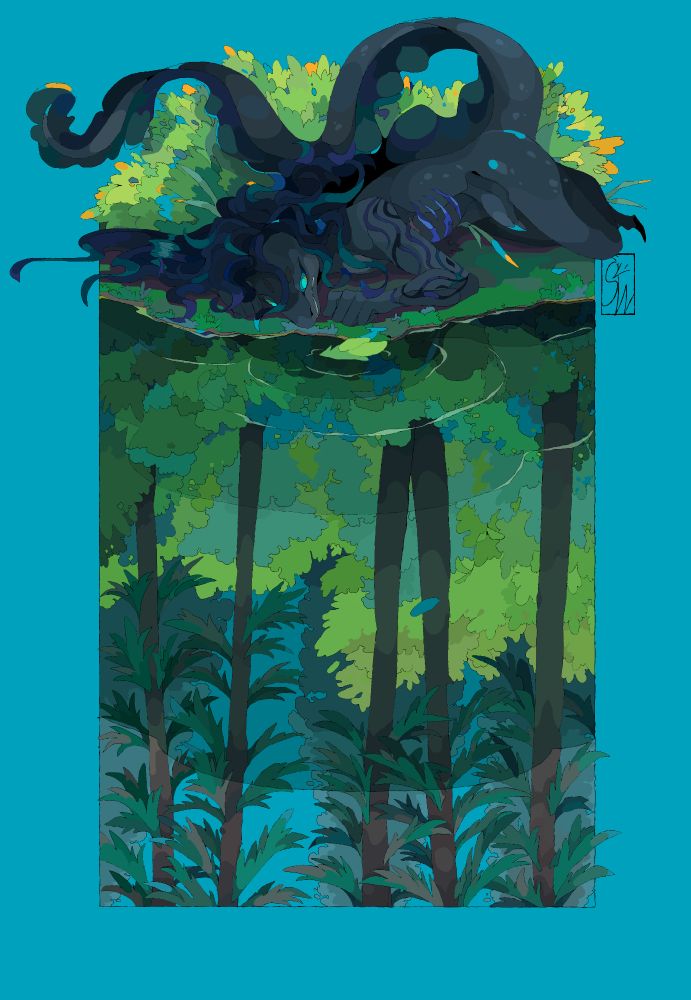 an anthropomorphic creature look at the forest through the water in the river