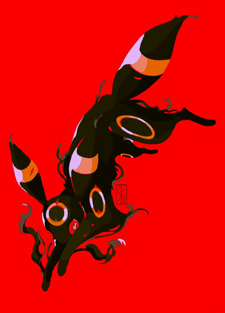 Umbreon, a pokemon jumping and going away while delivering a very intense look to the viewer