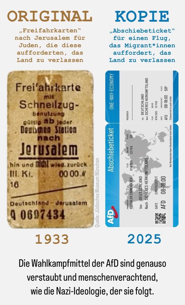 Fotos des „Abschiebetickets“ der AfD im vergleich mit einem fiktiven Bahnticket von 1933, das jüdische Bürger*innen in gleicher Weise zur Ausreise aufforderte