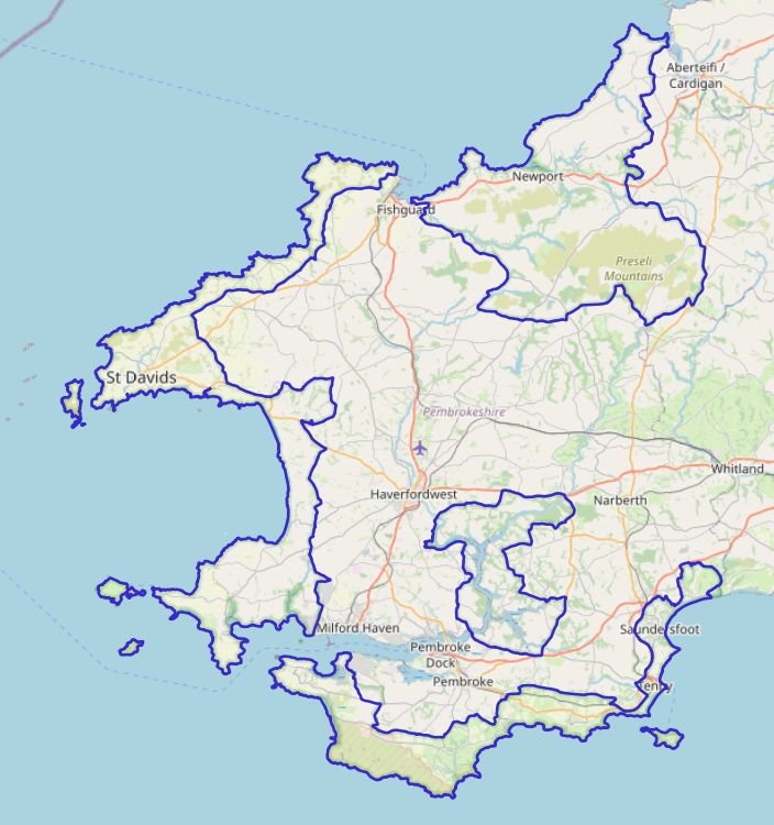 Map showing boundaries of Pembrokeshire Coast National Park