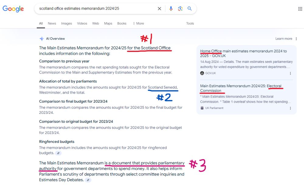 Screenshot of a Google AI Overview for the search term "scotland office estimates memorandum 2024/25". Described in detail in later posts in the thread.