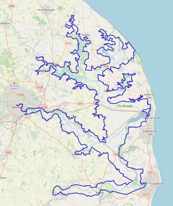 Map showing the boundaries of the Norfolk Broads National Park