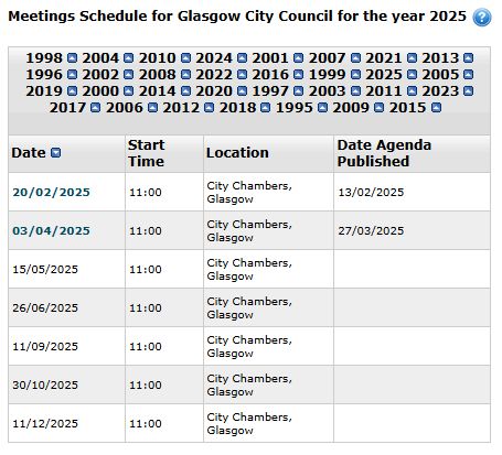 A calendar of meetings for Glasgow City Council, from the council website. The year selection at the top is in no obvious order (the first four are 1998, 2004, 2010 and 2024).