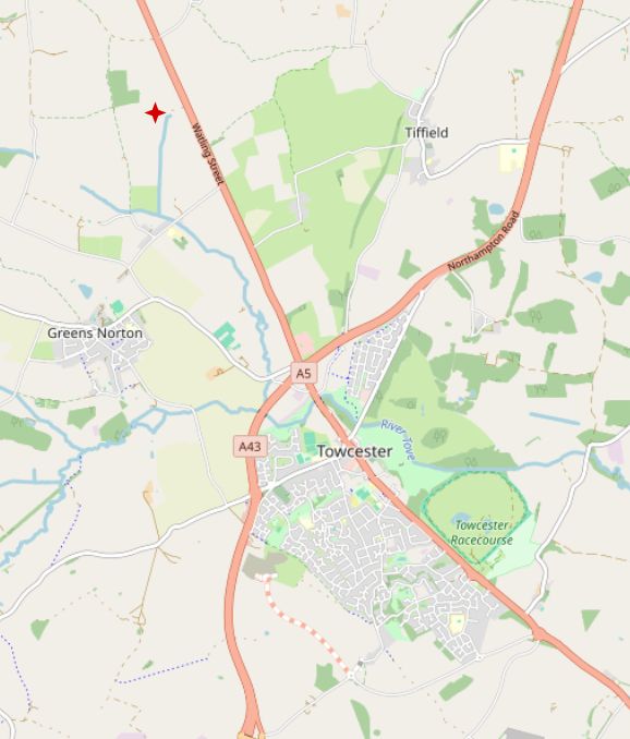 Map showing Towcester, with a small red star just off Watling Street to the north of the town