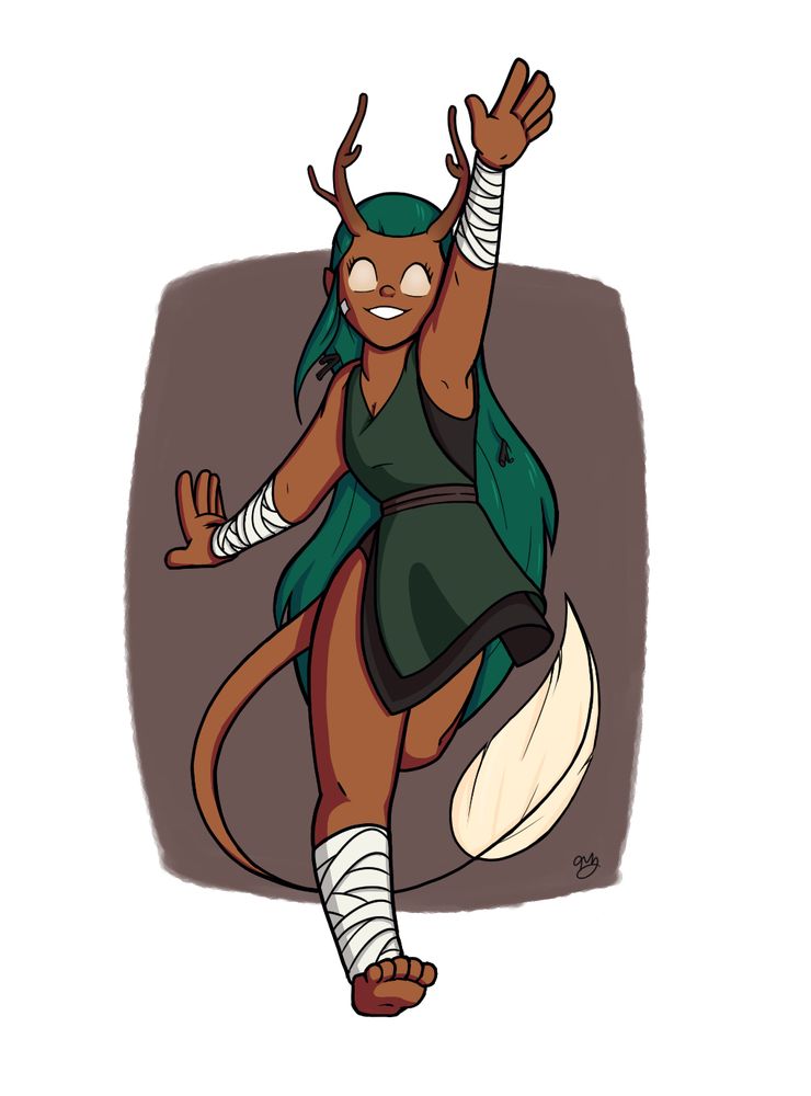 An orange tiefling girl with green hair, antlers and a feathered tail.