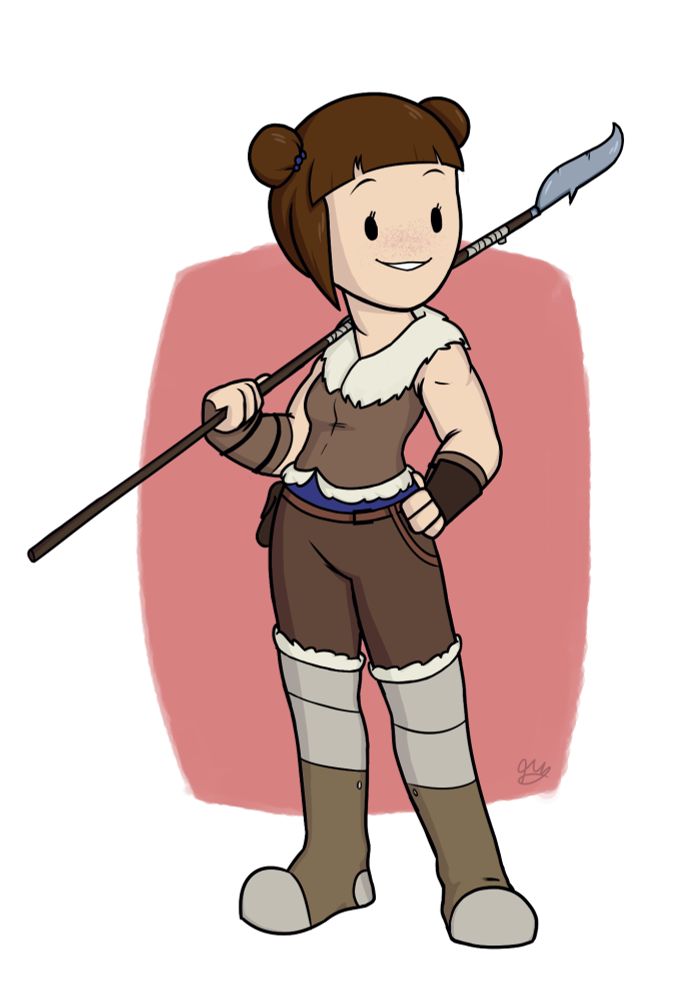 A girl in simple clothing, wielding a spear-type weapon.