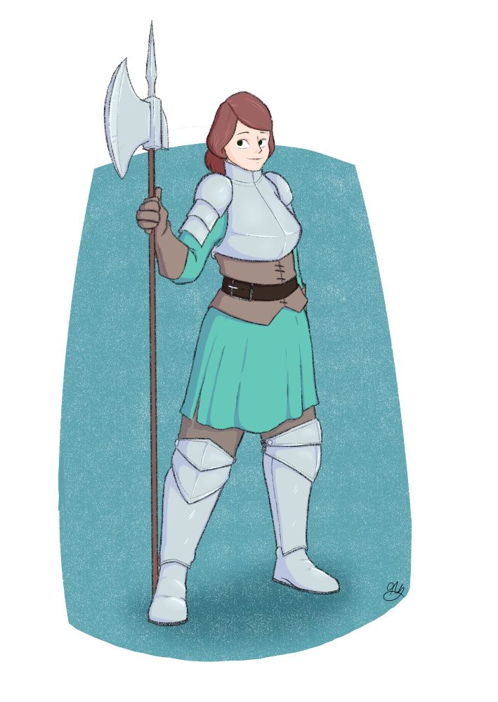A woman in knight's armour, holding a large polearm.