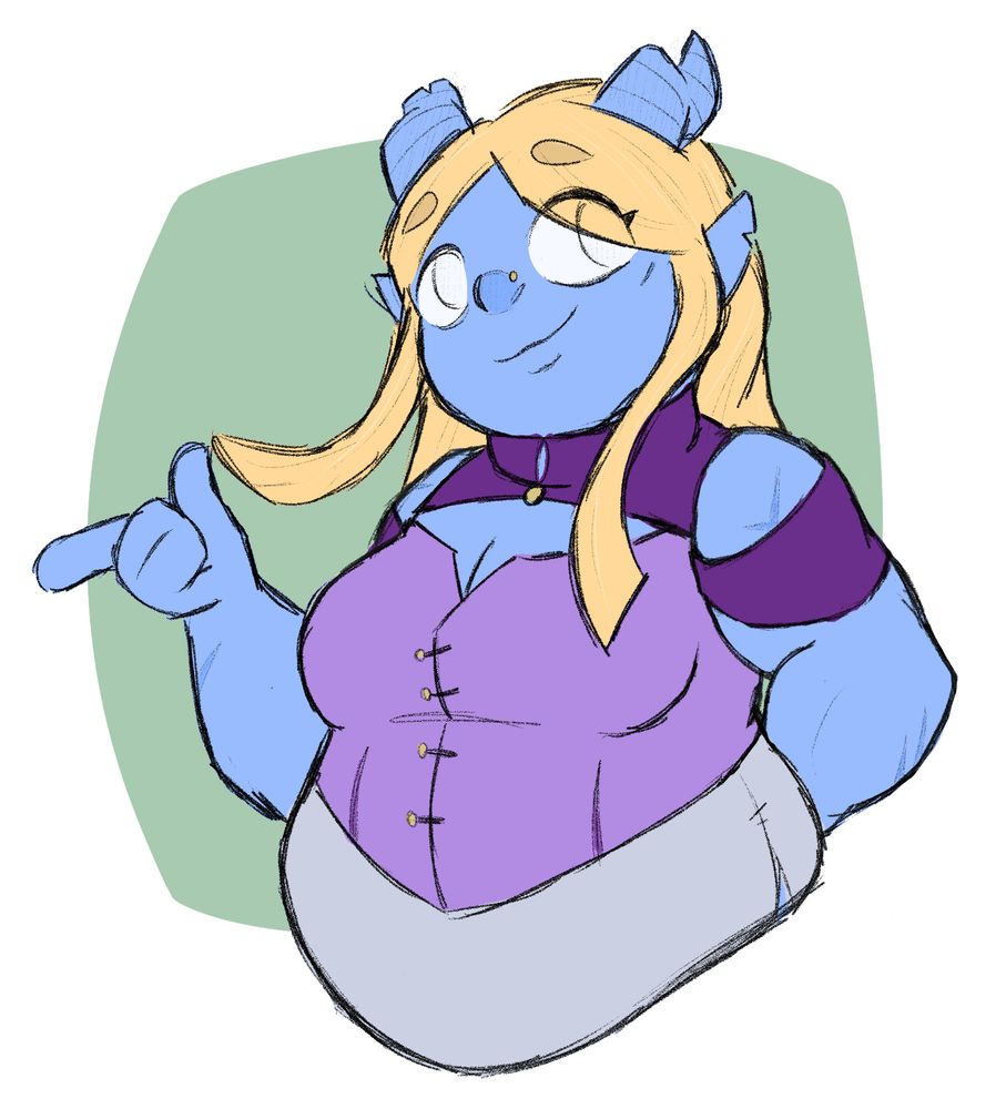 Artwork of a chubby blue tiefling, with blonde hair and a nose piercing.