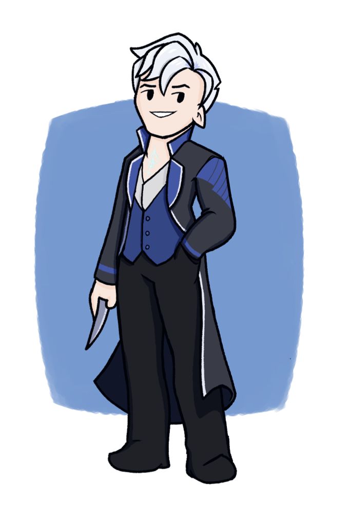 An elven man with silver hair in fine clothes, holding a dagger 