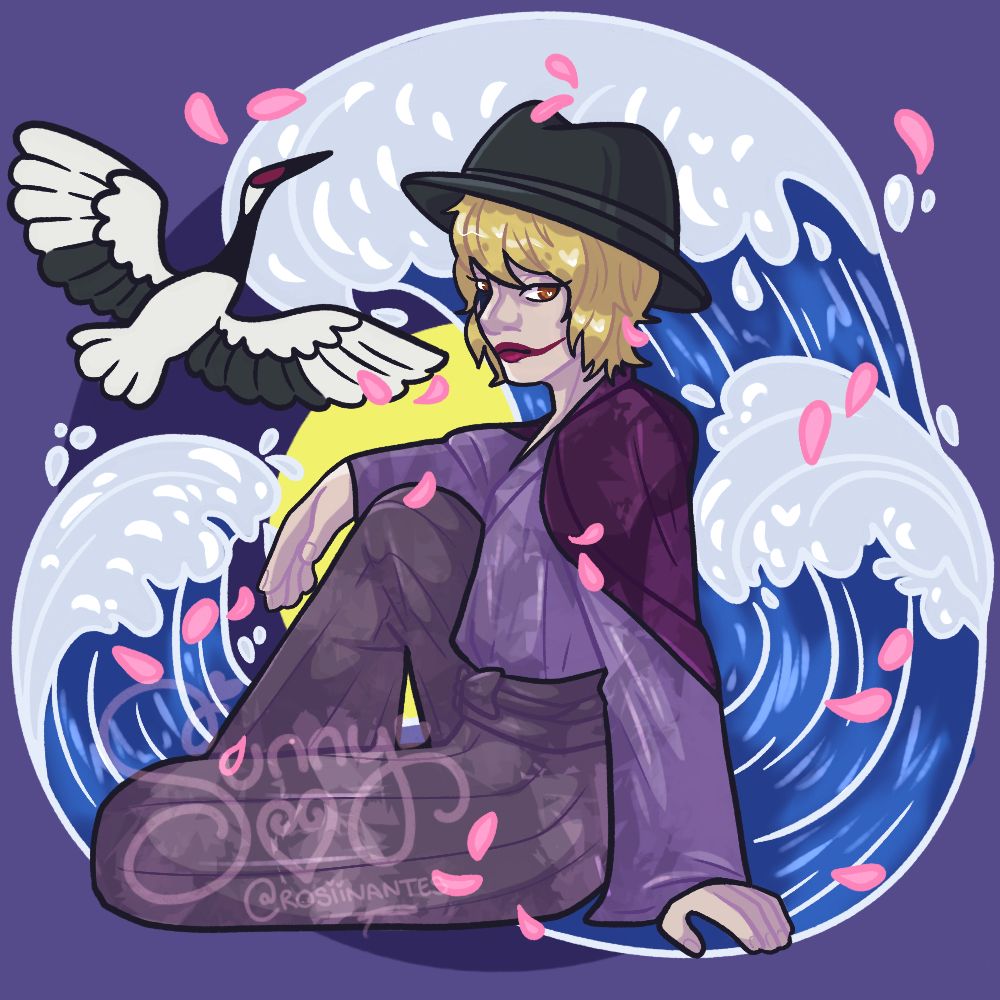 Corazon sat in a relaxed position in a purple haori & hakama set (I'm not an expert please correct me if this is wrong). Based on his outfit in the second image. Similarly there is a crane, sakura petals, and crashing waves behind him. He is looking at the viewer and wearing a fedora