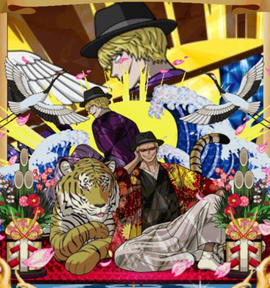An illustration of Rosinante and Doflamingo in haori and hakama sets, doffy is sat with a tiger. There is crashing waves behind them and Kadomatsu next to them on either side of the image. Original source is one piece grand collection 