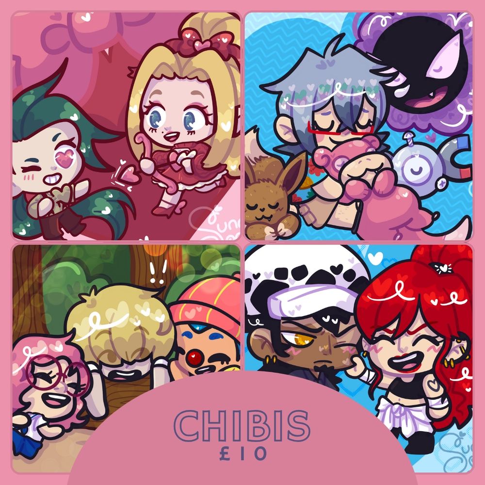 A 2x2 grid featuring cute example chibis and the starting price of £10