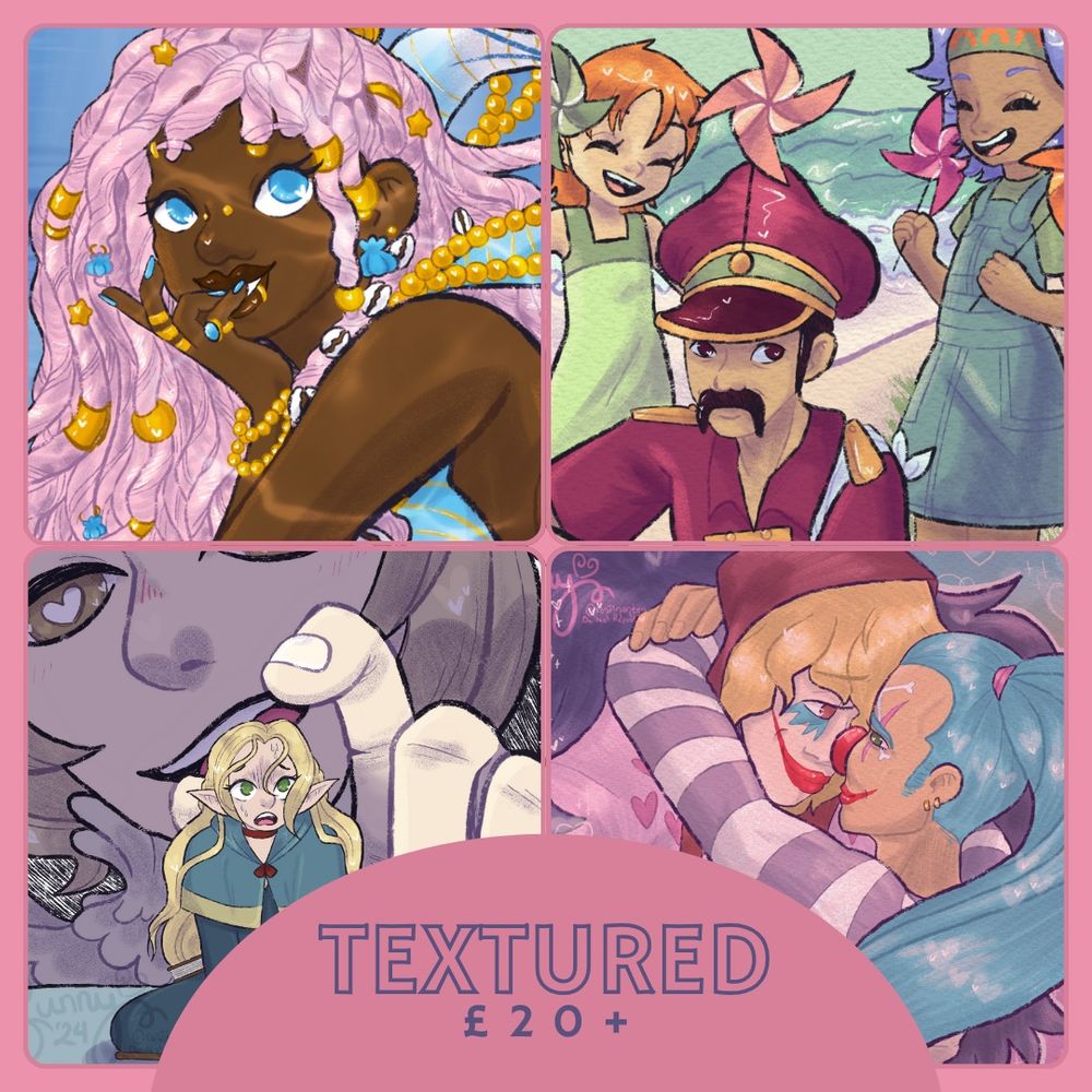 A 2x2 grid featuring textured example illustrations and the starting price of £20
