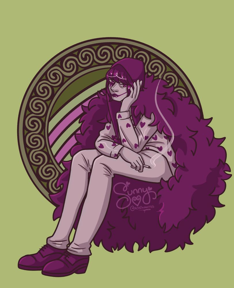 A color palette specific corazon outfit in all pink and with green elements in the background. He is sitting, resting his chin on his arm and smoking a cigarette. 