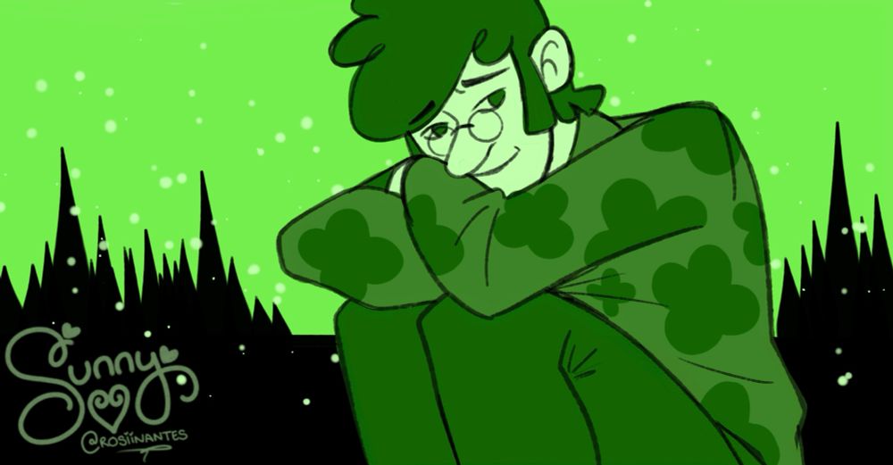 Fiddleford mcgucket in greens. He's sat with his arms crossed on his knees and he's leaning on them