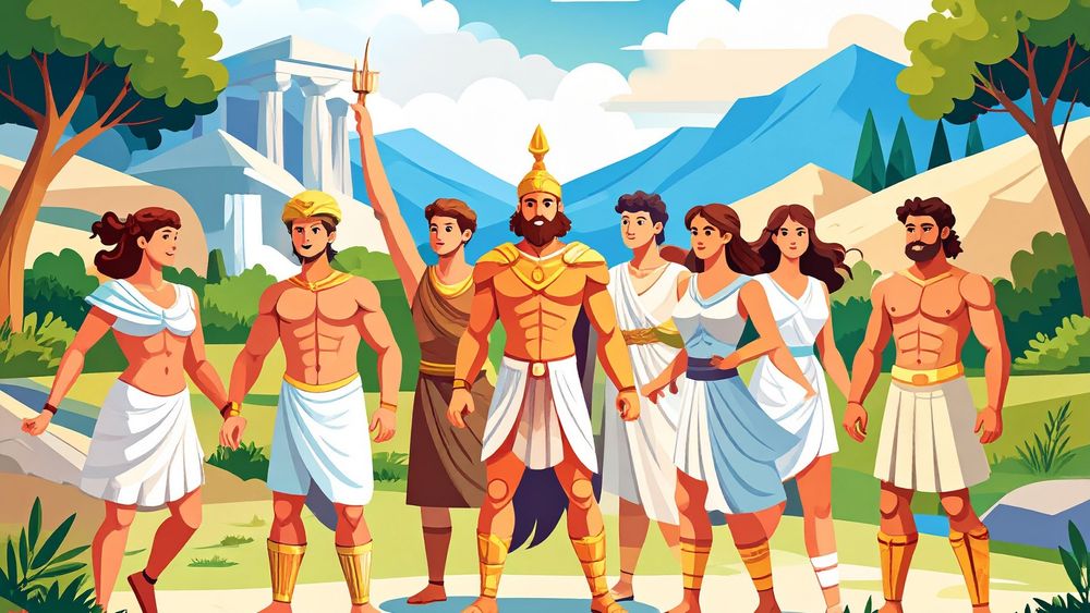 Illustration sur la Grèce antique générée par IA, les bras des personnages font n'importe quoi ou sont de longueurs absurdes, les plis des vêtements pareil, les muscles aussi