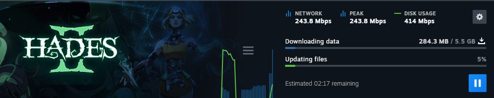 Screenshot de Steam en train de télécharger la mise à jour du jeu Hades 2