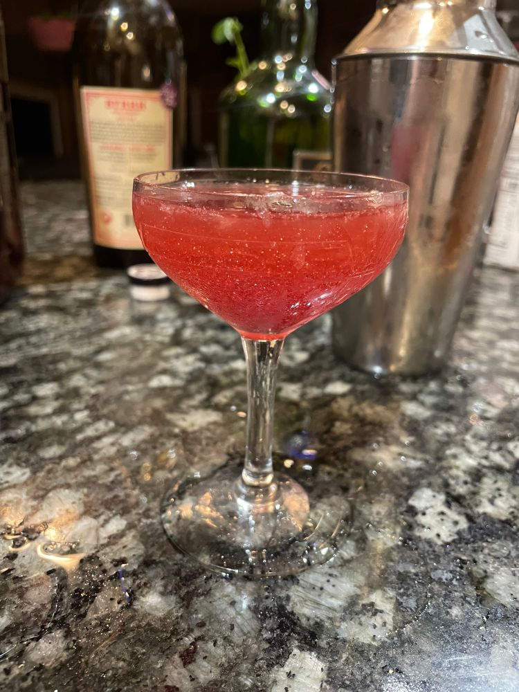 A small cocktail glass from the side - filled with a deep red/pink sparkly liquid