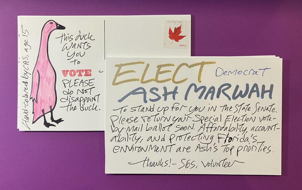 Ten postcards in support of Ash Marwah, a Dem who’s running for Florida Senate District 11. The mailing side has linework art of a duck with the message “This duck wants you to VOTE. PLEASE do not disappoint the duck.” A young volunteer colored the duck bubblegum pink. The message side of the card says: ELECT Democrat ASH MARWAH to stand up for you in the state senate. Please return your special election vote-by-mail ballot soon. Affordability, accountability, and protecting Florida’s environment are Ash’s top priorities. Thanks! – SGS, volunteer”