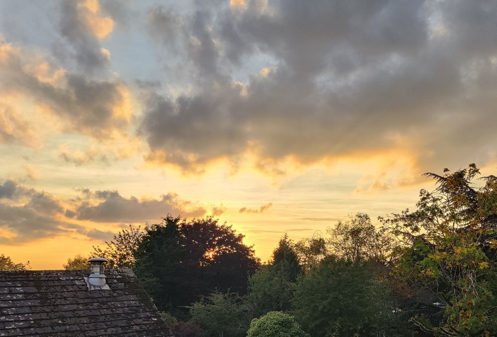 I've not been able to tolerate my main loft conversion bedroom for 2 years, post ozone. Or the other one up there for the last year (mold). So only pop up briefly to fetch stuff, etc. Phone pic... Description by Gemini 2.5 Flash: A wide shot of a sunset sky, with a warm, golden-yellow glow on the horizon fading to pale blue above. Dark, lumpy Stratocumulus clouds drift across the scene, their undersides catching the orange light. In the foreground, the dark silhouettes of a treeline and a tiled roof are visible.