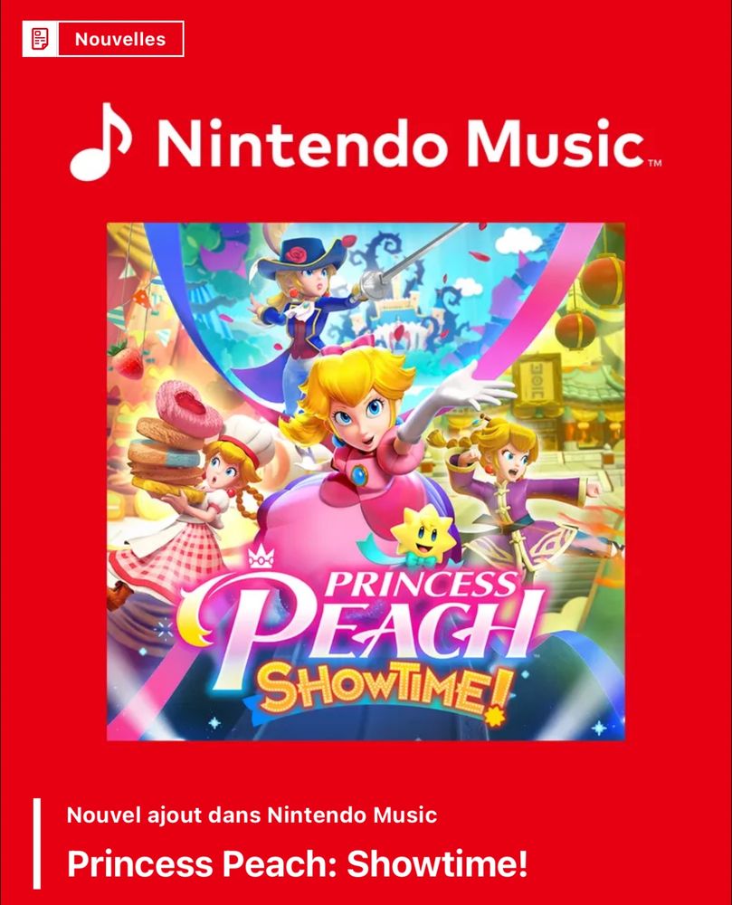 Screenshot from Nintendo App showing the availability of Princess Peach Showtime’s soundtrack on Nintendo Music. 