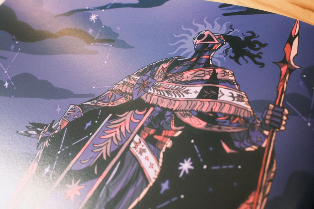 Photographie d'une page de l'artbook de Crown Gambit. On y voit un personnage dessiné par Gobert.