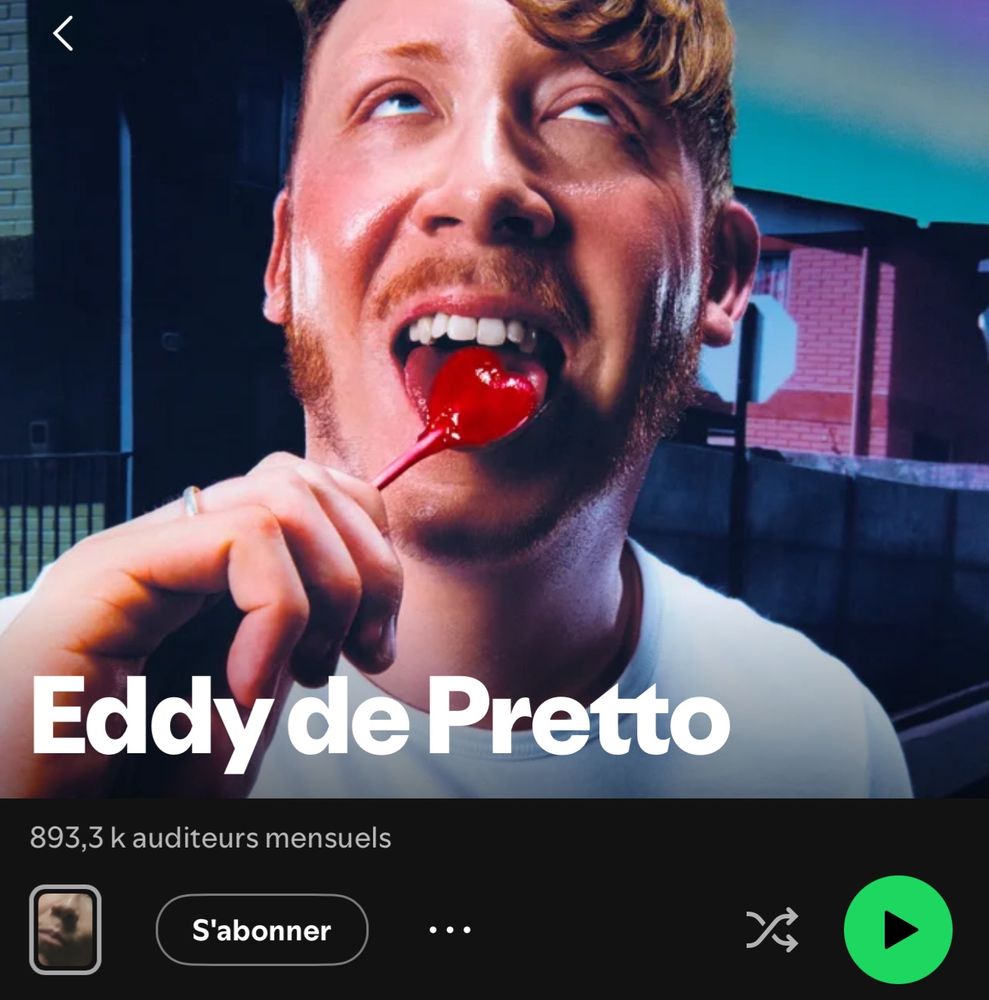 Capture d’écran du compteur d’auditeurs mensuels pour le chanteur Eddie de Pretto. Le compteur indique 893,3K auditeurs mensuels. 