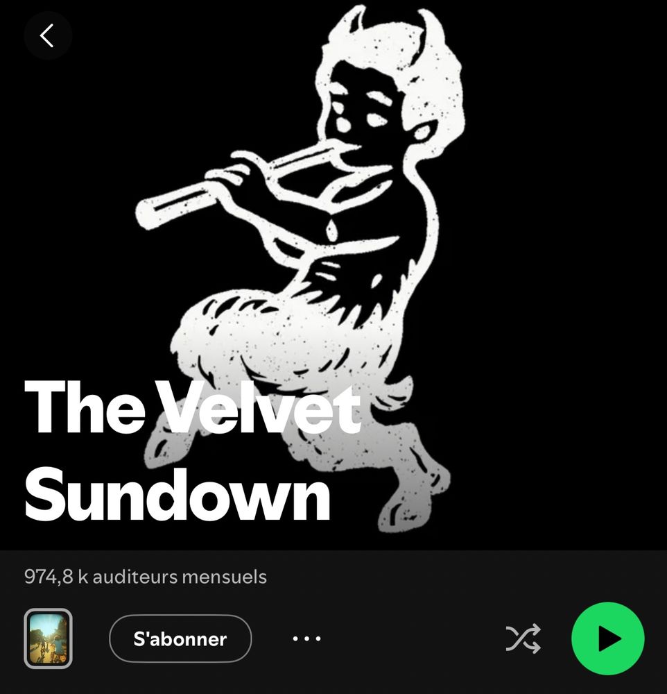 Capture d’écran du compteur d’auditeurs mensuels pour le groupe généré par IA The Velvet Sundown, sur Spotify. Le compteur indique 974,8K auditeurs mensuels. 