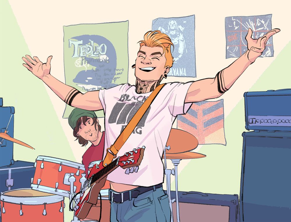 Part of a panel from the webcomic KEEPING TIME. Denver, a blond punk with a bunch of tattoos, gestures theatrically with both arms open wide. Behind him, Tomás peeks out from his drum kit. 