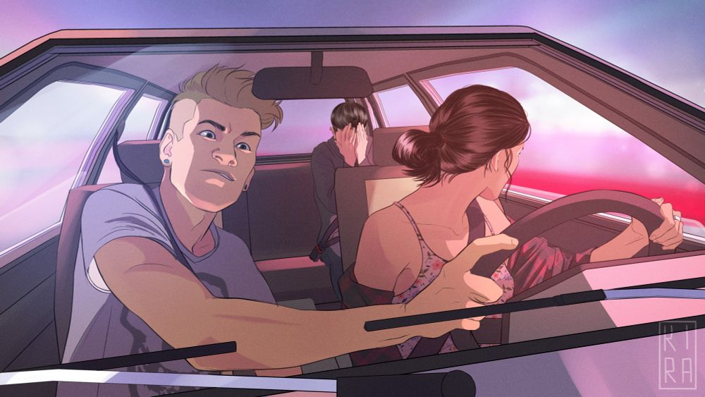 A teenage boy struggles to grab the steering wheel as the girl driving the car is distracted.