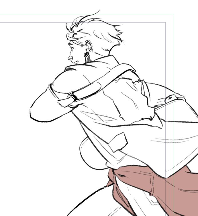 Comic page inks of a dude with one arm in a sling, carrying a skateboard, absolutely booking it