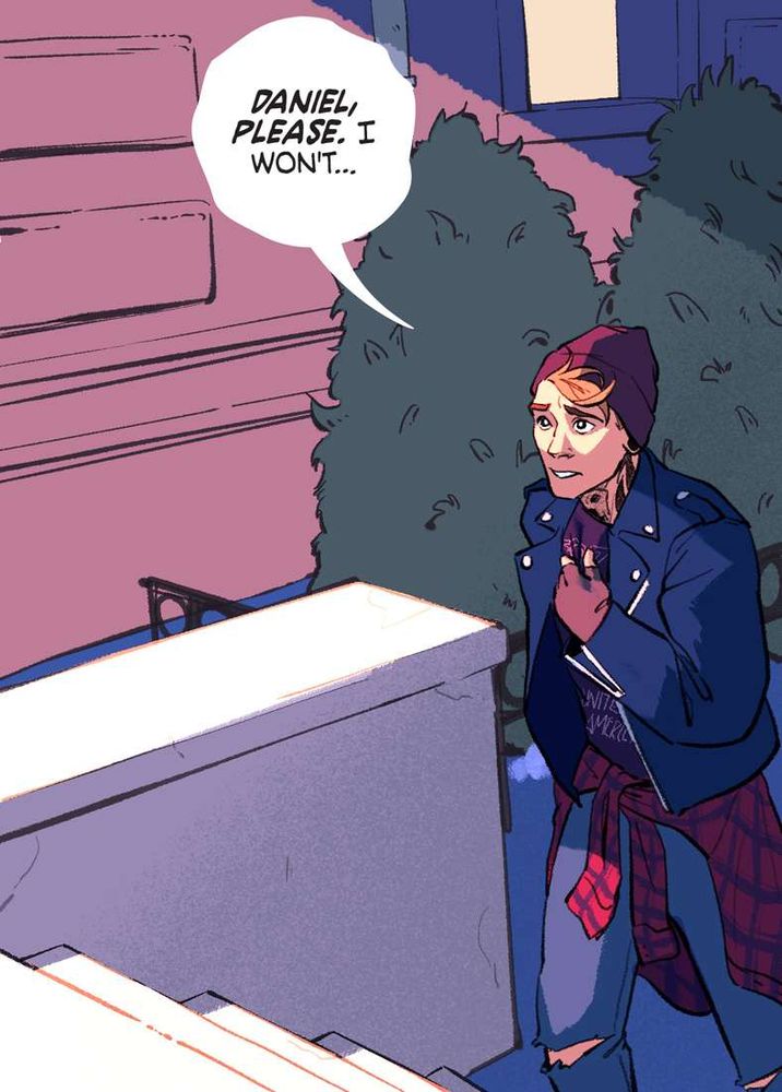 A panel from the webcomic KEEPING TIME. Denver, a blond punk with a neck tattoo, looks like a very sad dog as he pleads with someone off-panel, "Daniel please. I won't..."