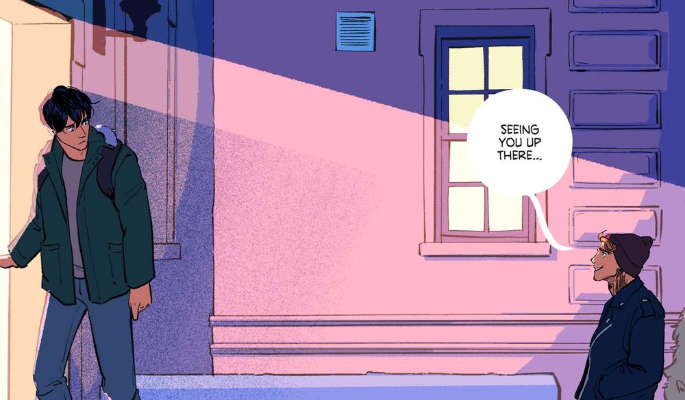 A panel from the webcomic KEEPING TIME. Daniel, a Japanese guy in a winter parka, hesitates in a doorway. Denver, a blond punk, stands below him and says, "Seeing you up there..."