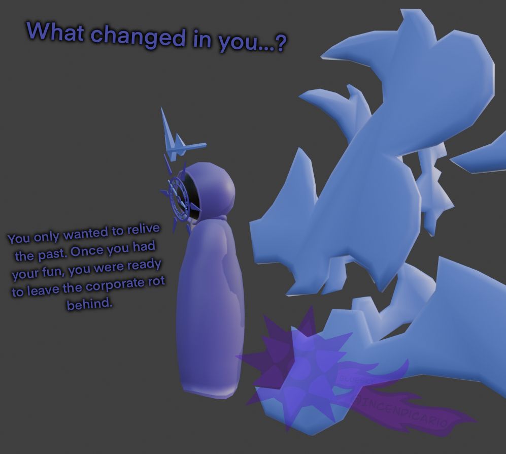 "What changed in you...?" Nostalgix asks Spike, who's offscreen. Their robe is closed, arms concealed within.

"You only wanted to relive the past. Once you had your fun, you were ready to leave the corporate rot behind."