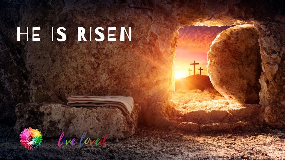 Image from inside the tomb. Cloth lays on stone where Jesus was. He is not there. The stone is rolled away and thru the opening, in the distance is a hill with 3 crosses. TEXT says HE IS RISEN.