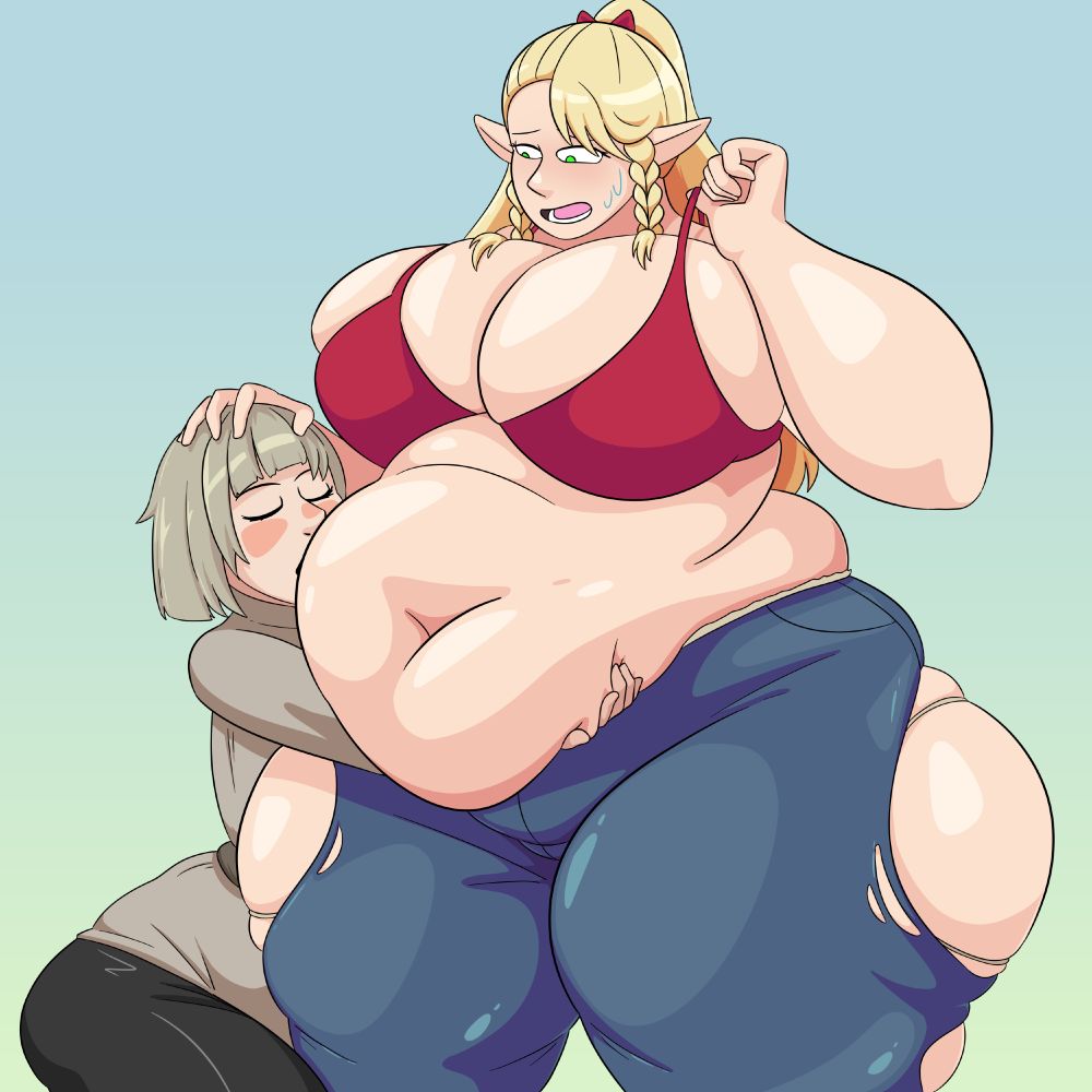 marcille and falin from dunmeshi. marcille is really fat. falin grabs her belly and kisses it. marcille looks pretty embarassed