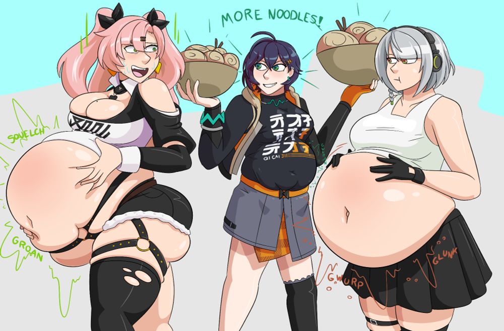 nicole belle and anby from zzz. belle is standing behind the other two holding two bowls of noodles. nicole and anby are both incredibly bloated. nicole is squeezing her gut and looks concerned as she stares at the noodles. anby rubs the top of her gut and looks unbothered.