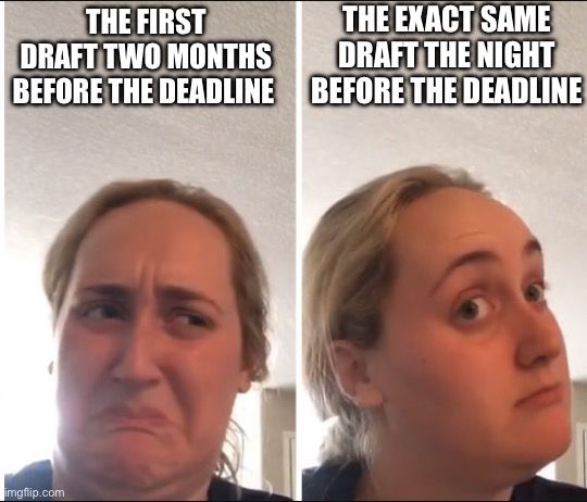 A popular meme.

A woman grimaces under the caption: “The first draft two months before the deadline”

The same woman makes a more appreciative face under the caption: “The exact same draft the night before the deadline”