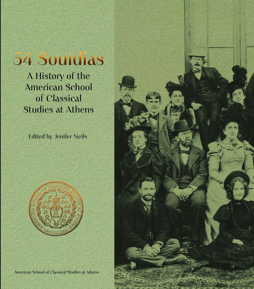 Book cover for the ASCSA 54th Souidias, edited by Jenifer Neils. The background is green with a gold seal on the bottom left. On the right hand side is an image of a group of people dressed in Edwardian (?) garb.