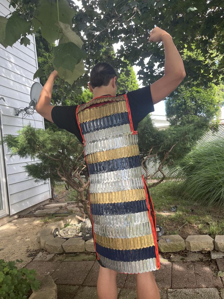 A person standing outdoors with their back to the camera, flexing their arms while wearing a sleeveless lamellar armor made of horizontal rows of gold, blue, and silver metal plates bound with bright red edging. Trees and part of a white house are in the background.