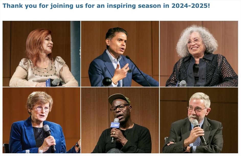 A promotional collage thanking attendees for an inspiring season in 2024–2025, featuring six speakers in a 2x3 grid. Top row, left to right: a woman with long red hair in a light-colored blouse speaking into a microphone; a man in a blue blazer gesturing while speaking at a podium; an older woman with white curly hair and glasses smiling. Bottom row, left to right: an older woman with short hair and glasses in a blue blazer speaking into a microphone; a man wearing a hat and glasses holding a microphone with a serious expression; an older man with gray hair and a beard, wearing glasses and a suit, speaking into a microphone.