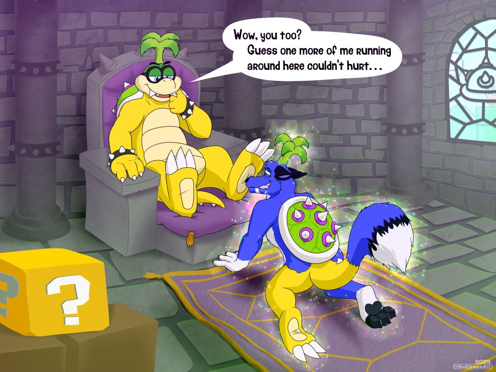 Arc getting transformed into Iggy Koopa at Iggy's feet.  Iggy says "Wow, you too?  Guess one more of me running around here couldn't hurt..."