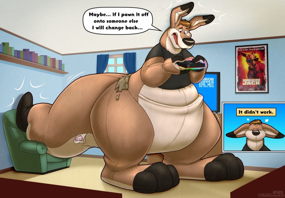 Doosker transformed into a giant kangaroo plushie, holding a cursed Hopper DVR. He says "Maybe... if I pawn it off onto someone else, I will change back..."  A cutaway panel shows Doosker upset, text reading "It didn't work."