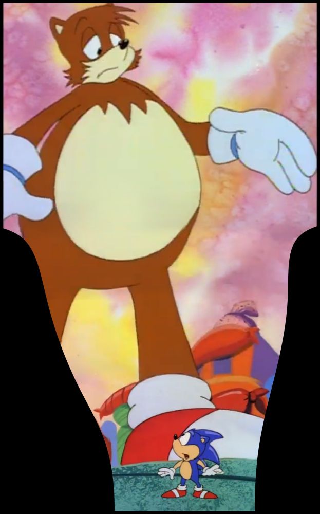 A scene from the Adventures of Sonic the Hedgehog episode "Too Tall Tails" with Tails as a giant, looming over a hotdog themed city, buildings reaching his ankles. 