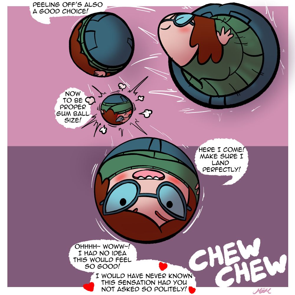 Betty peels herself off the wall, shrinks her ball shape, and lets you chew on her gumball transformation.